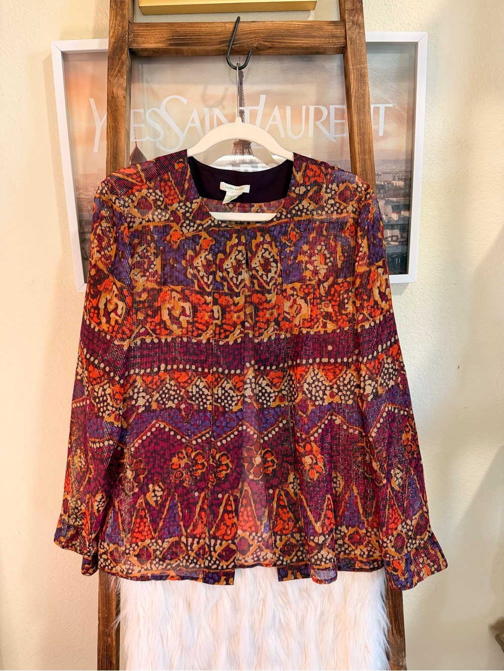 Laura Ashley Multicolor Boho Silk Metallic Open Front Blouse